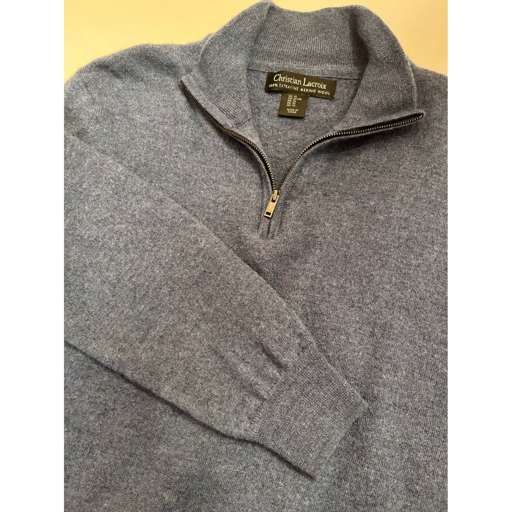 Christian Lacroix Mens XL Blue 100% Extrafine Merino Wool Quarter Zip Sweater